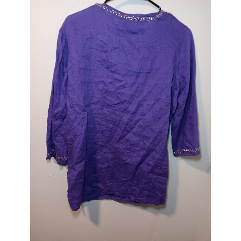 Chicos Top Womens Sz 1 Oversized Purple Linen Beaded V-Neck Casual Basic - Picture 6 of 6